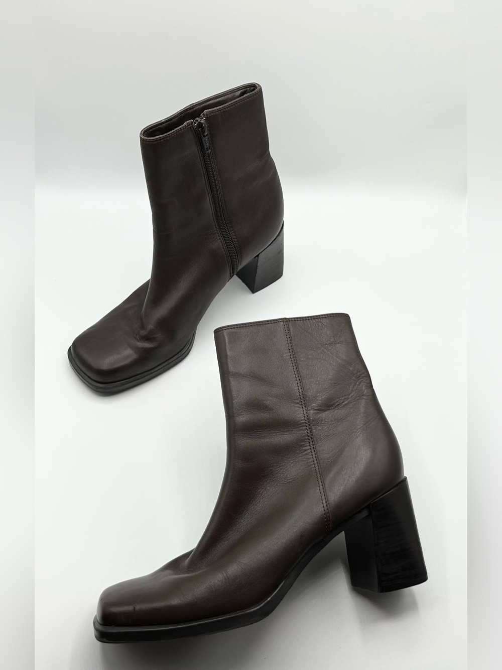 Dark Brown Leather Square Toe Heeled Ankle Booties Boots Women’s Size 7.5